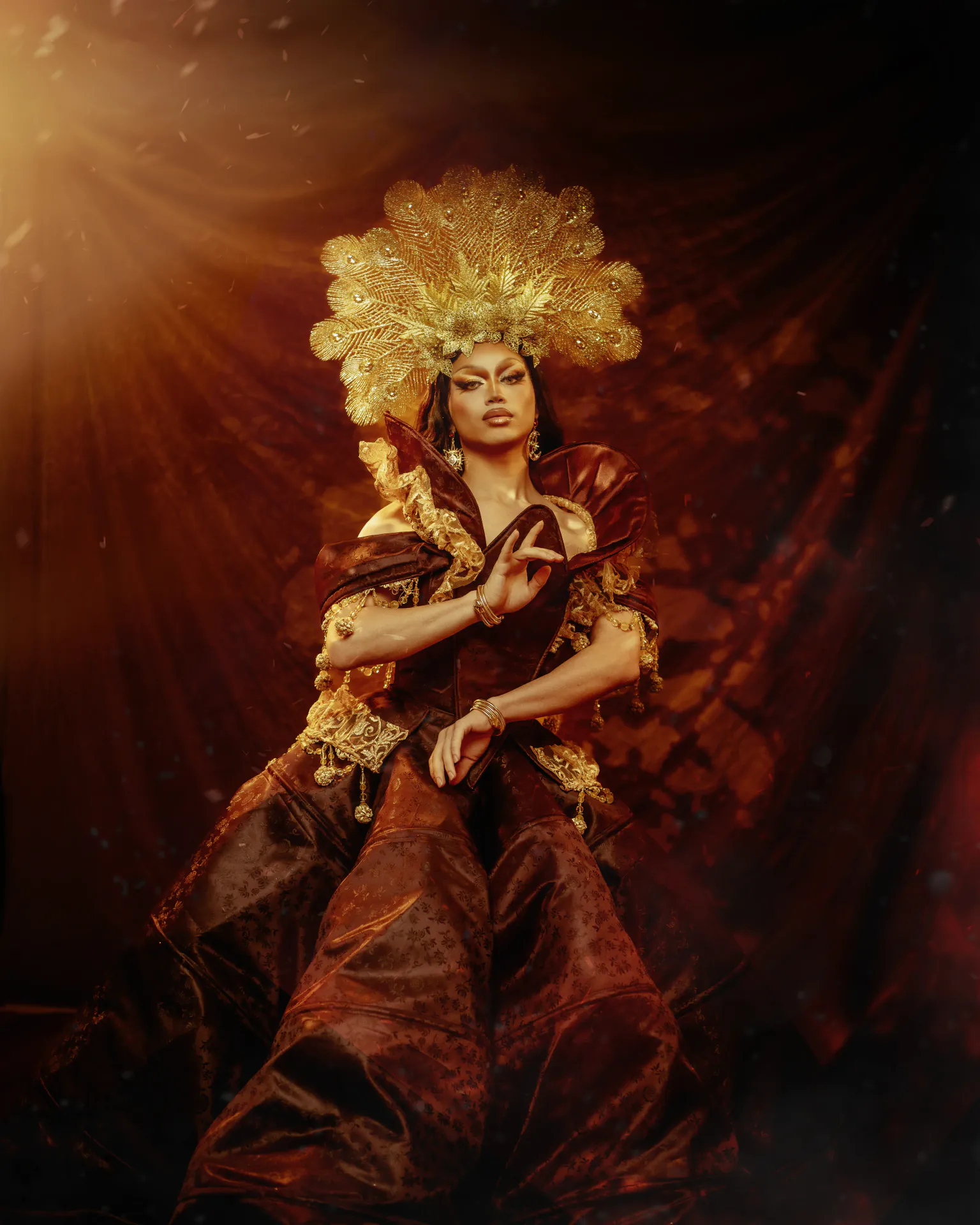 Freya Armani in an ornate gold character look